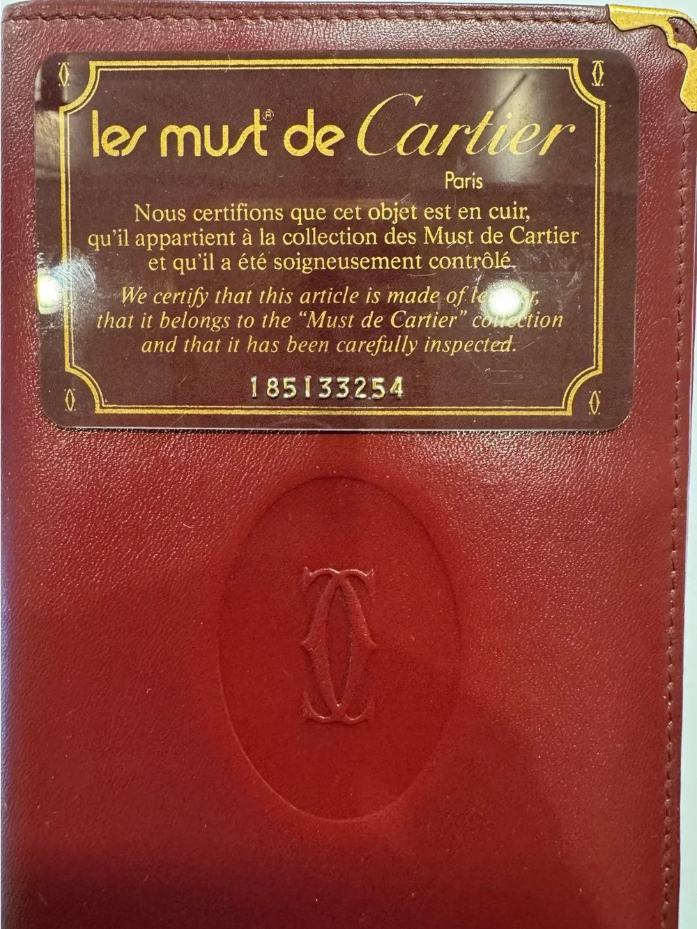 Vintage Must de Cartier Burgundy Leather Passport Holder Travel Wallet w/ Box